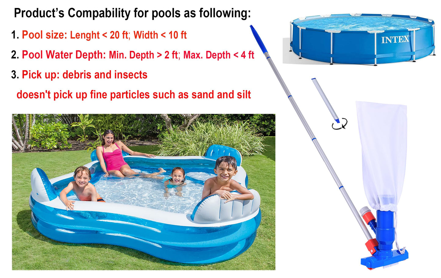 Jet Vacuum W/ 6 Section Poles of 57" for Frame Aboveground/Inflatable Pool Spa, No Electric Power Needed, Use Garden Hose Water Pressure to Vacuum (A Telescopic Pole Can Be Used with This Vacuum)