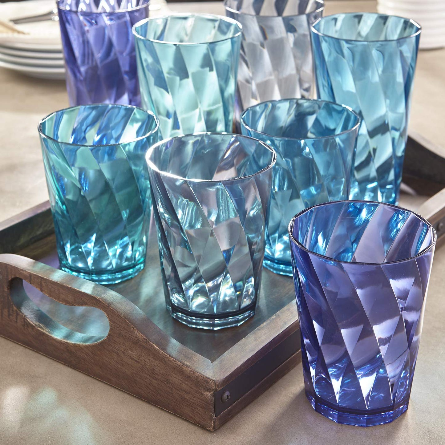 US Acrylic Optix Plastic Reusable Drinking Glasses (Set of 16) 14oz Rocks & 20oz Water Cups in Coastal Colors | BPA-Free Tumblers, Made in USA | Top-Rack Dishwasher Safe