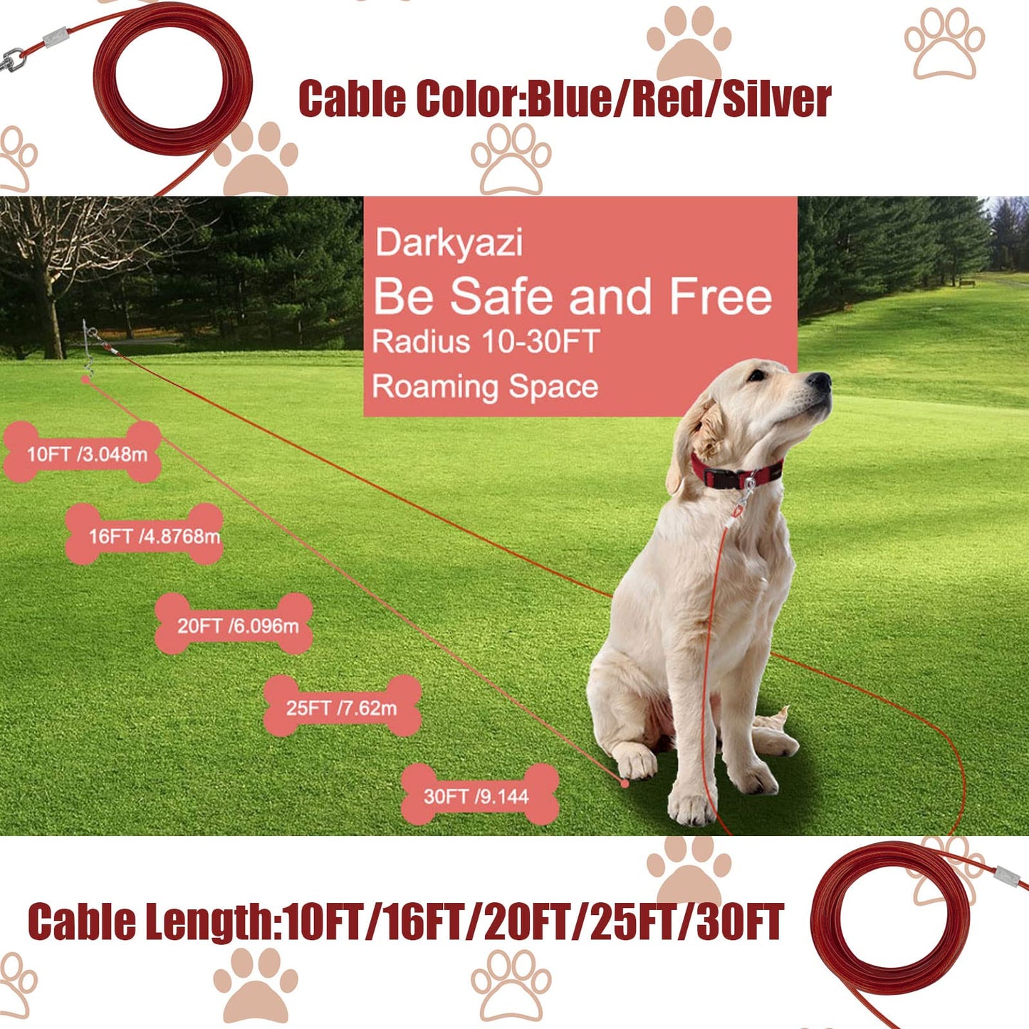 Darkyazi Dog Stake Tie Out Cable and Reflective Stake 16 ft Outdoor, Yard and Camping, for Medium to Large Dogs Up to 125 lbs (16ft Cable, 18" Stake, Red)