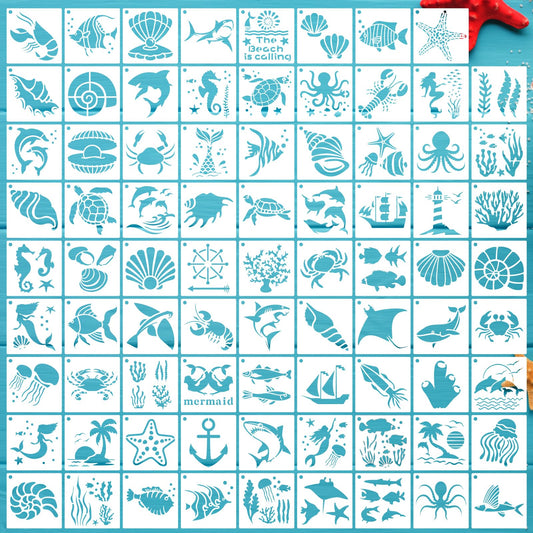 DZXCYZ 80 Pcs 3 x 3 Inch Stencils for Painting on Wood, Reusable Sea Ocean Creatures Stencils Mermaid Stencils Dolphin Shark Plastic Stencils DIY Craft Template Paint Stencils Set for Wall Home Decor