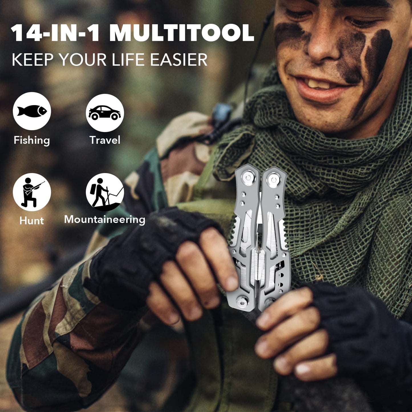 14-In-1 Multitool Pliers，Premium Portable Multi Tool ，with Safety Locking Professional Stainless Steel Multitool Pliers Pocket Knife,Apply to Survival