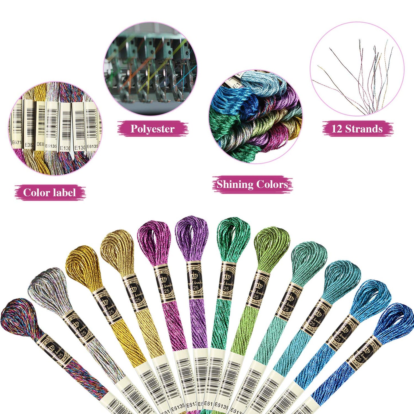 24 Pieces Metallic Embroidery Floss Multicolor Embroidery Skein Threads Glitter Embroidery Thread Cross Stitch Polyester Thread for Friendship