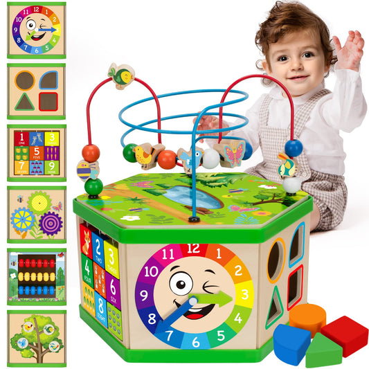Wooden Activity Cube for 12-18 Month, 1 Year old Boys & Girls, 7-in-1 STEM Montessori Early Developmental Learning Toys for Kids Aged 1-2, Ideal 1st Birthday Gift Toys for Baby, Toddlers (Pink)