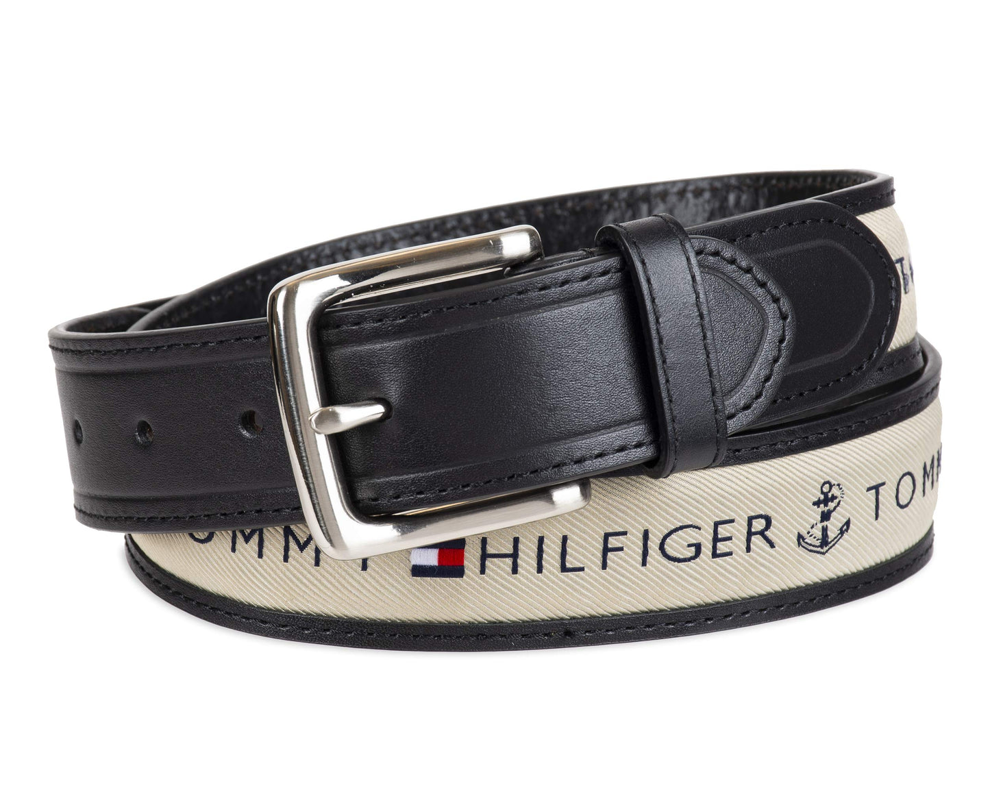 Tommy Hilfiger Men's Ribbon Inlay Belt - Ribbon Fabric Design with Single Prong Buckle, black/natural, 30