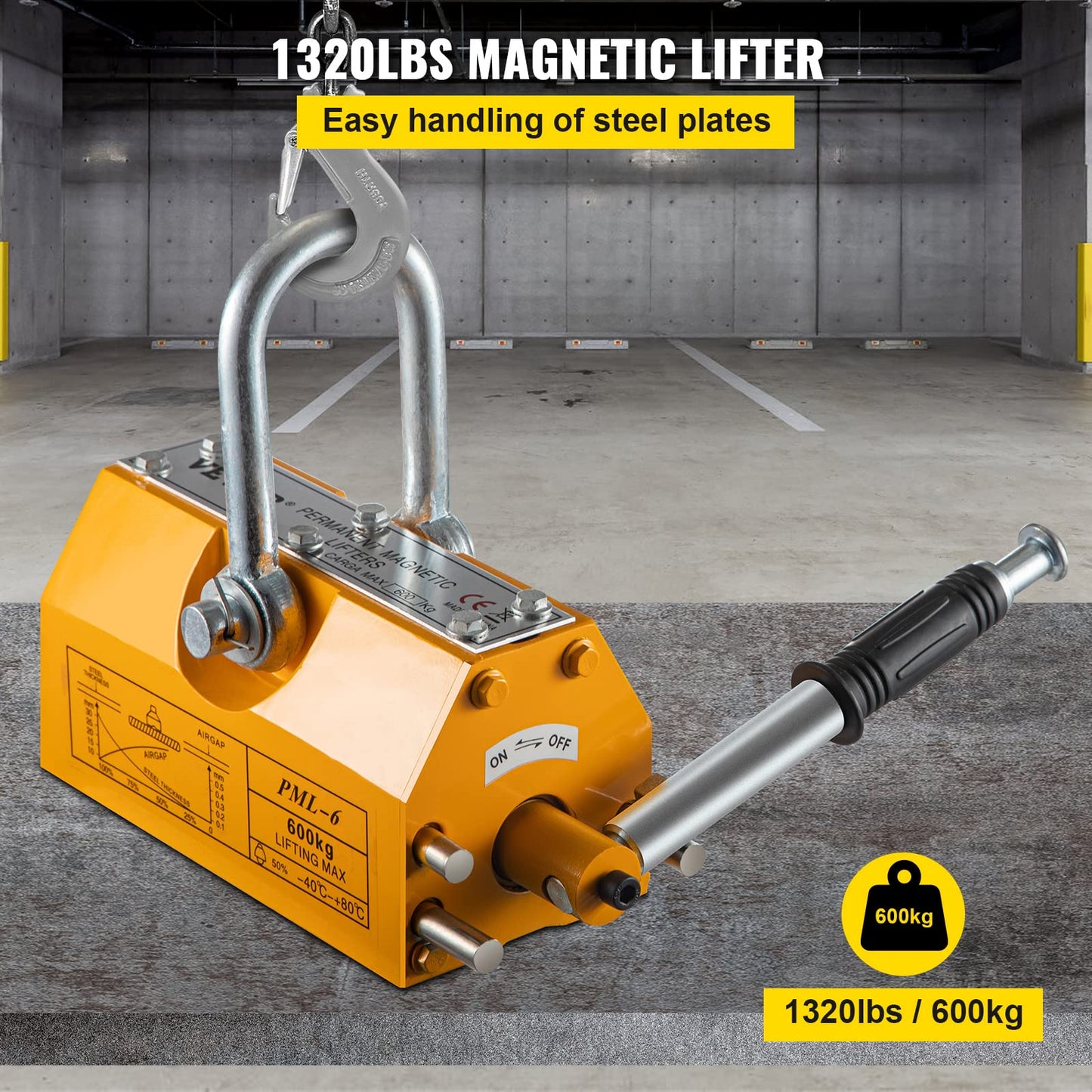 Happybuy Steel Magnetic Lifter 1320 LB Metal Lifting Magnet 600 KG Neodymium Magnetic Lift Hoist Shop Crane(600KG)