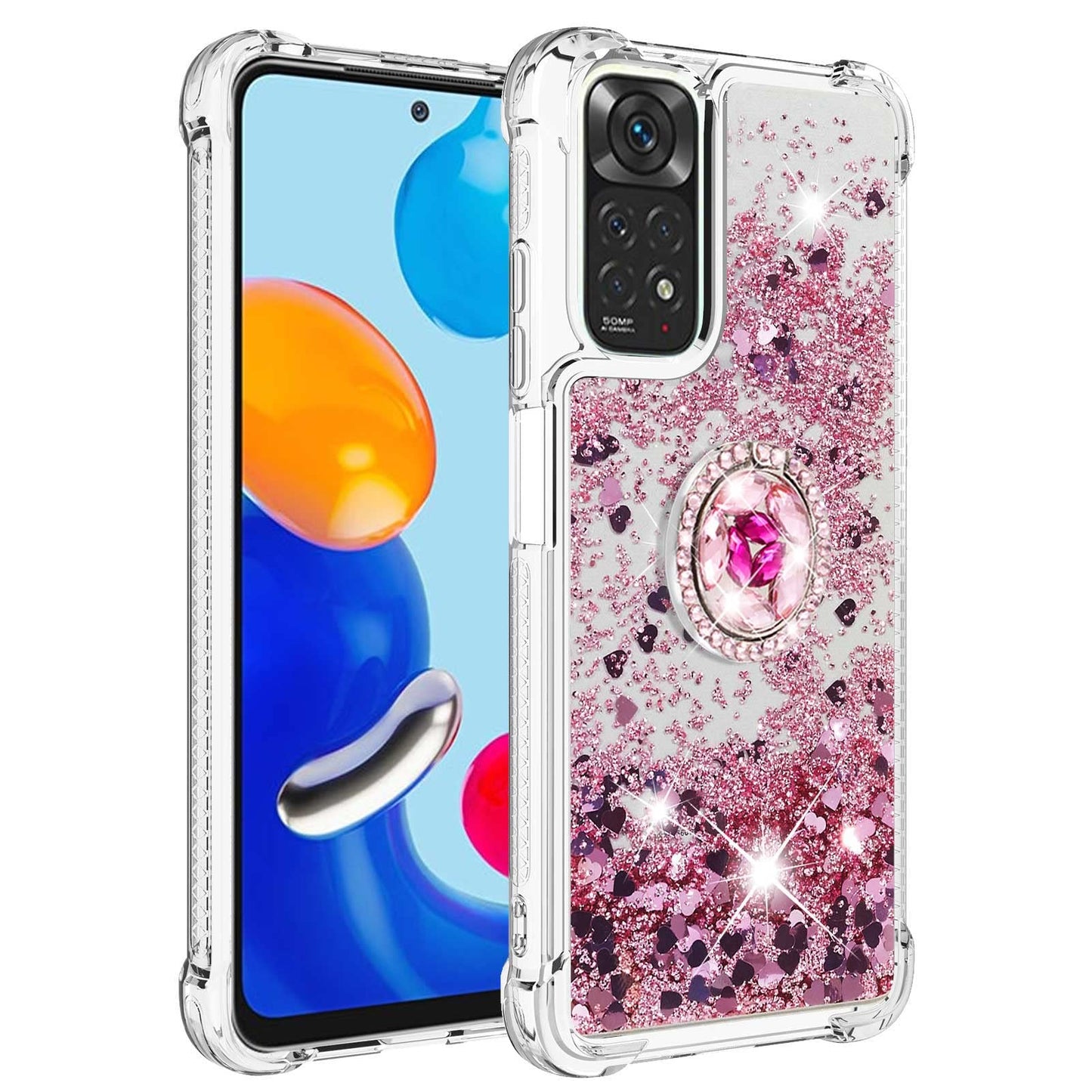 CCSmall for Xiaomi Redmi Note 11 4G Glitter Case with Ring Holder, Bling Sparkle Floating Liquid Soft TPU Cushion Fashion Clear Case Cover for Xiaomi Redmi Note 11 4G/Redmi Note 11S LSZ Rose Gold