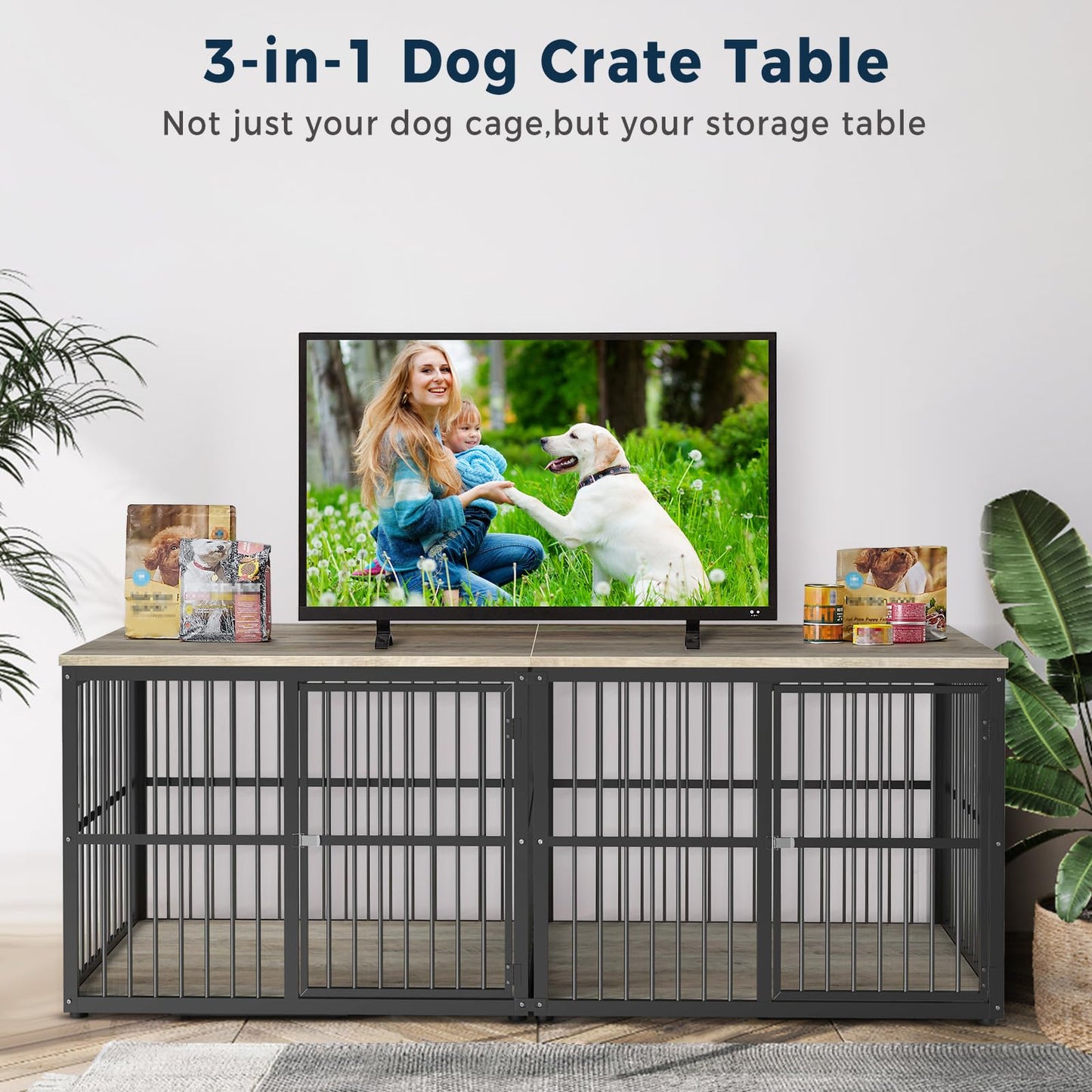 Lyromix 86.62''Dog Crate Furniture Large Breed TV Stand with Double Rooms,Wooden Dog Kennel Dog Crate End Table with Removable Divider for 2 Large Medium Dogs, Can Use Separately