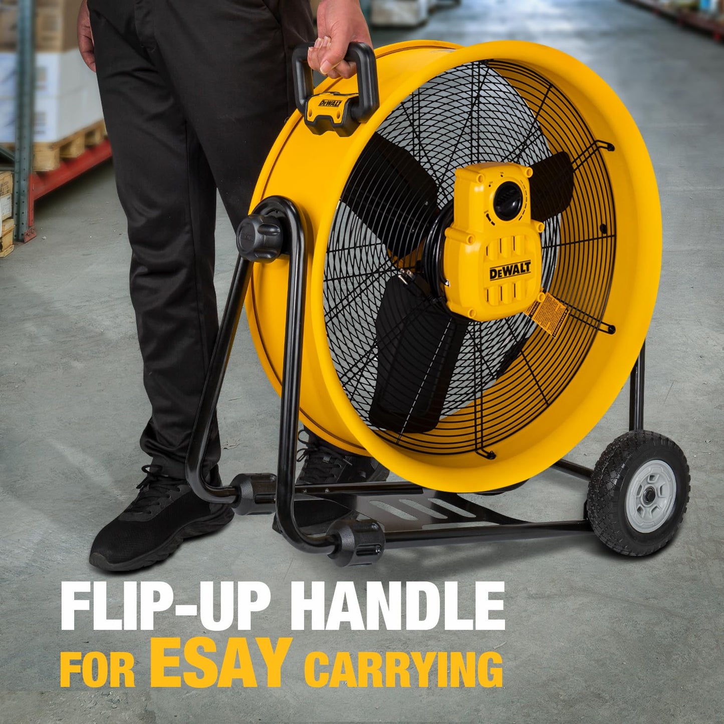 DEWALT DXF2490 High Velocity Fan, Floor Fan, Industrial Fan, 24 Inch Large Electric Metal Rotating Garage Fan with 360° Adjustable Tilt & Large Wheel, Drum Fan for Outdoor, House and Warehouse, Yellow