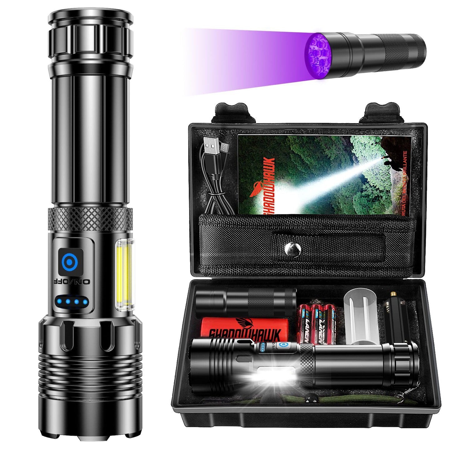 Shadowhawk Rechargeable Flashlights High Lumens, 1000000LM XHM90.2 30W LED Flash Light with COB Light, 7 Modes Super Bright Flashlight Battery Powered, Handheld Powerful Flashlight for Home, Emergency