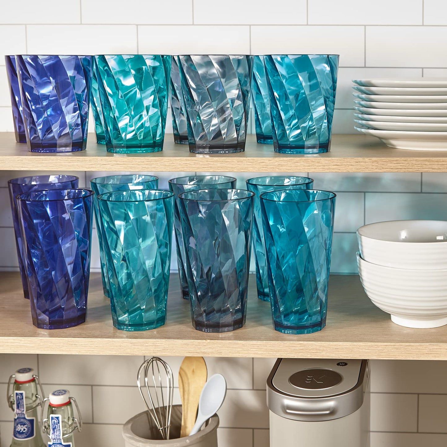 US Acrylic Optix Plastic Reusable Drinking Glasses (Set of 16) 14oz Rocks & 20oz Water Cups in Coastal Colors | BPA-Free Tumblers, Made in USA | Top-Rack Dishwasher Safe