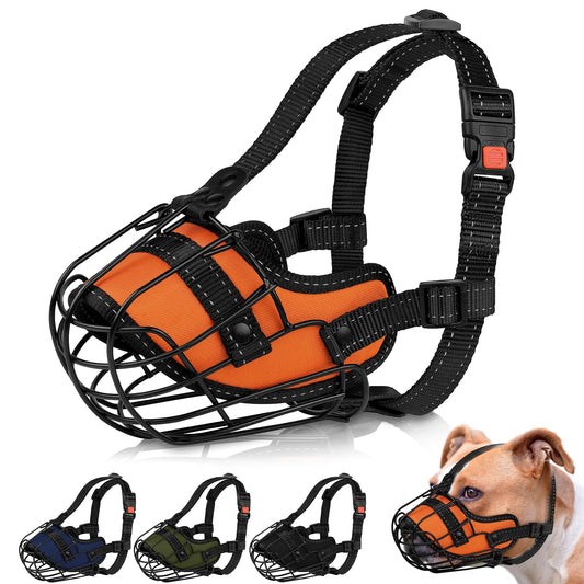 OOPSDOGGY Pitbull Dog Muzzle Reflective Metal Mask Secure Wire Basket Muzzle for Large Sized Dogs Amstaff Soft Cage Muzzle to Prevent Biting Chewing with Adjustable Nylon Straps (Orange, Pitbull)