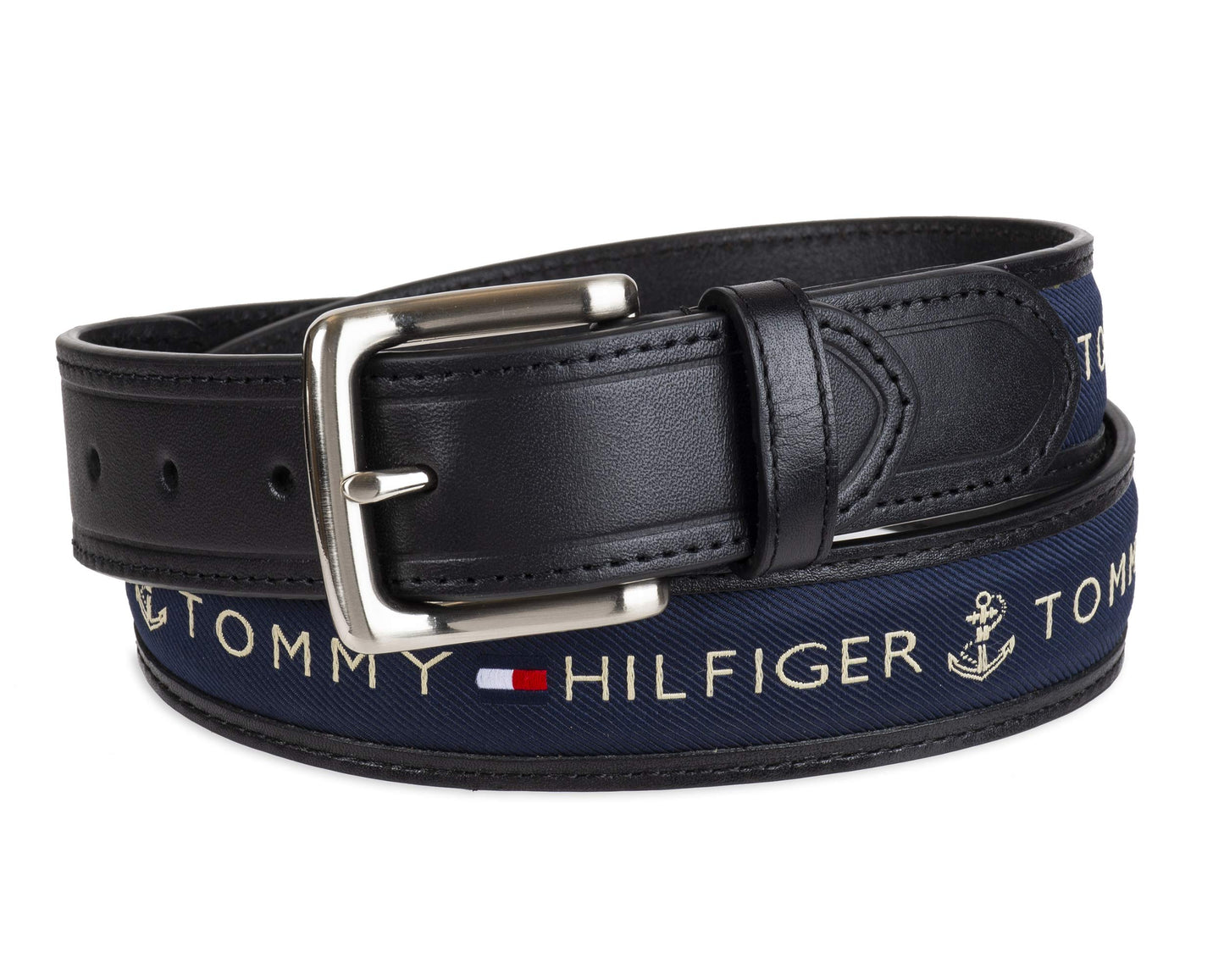 Tommy Hilfiger Men's Ribbon Inlay Belt - Ribbon Fabric Design with Single Prong Buckle, Black/Navy, 32