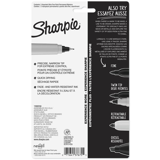 Sharpie 37675PP Permanent Markers, Ultra Fine Point, Assorted Colors, 5 Count