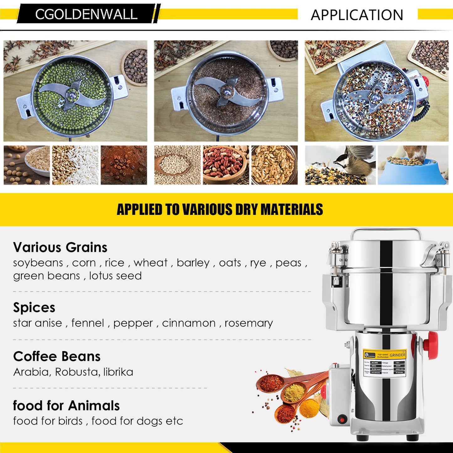 CGOLDENWALL 2000g Stainless Steel Electric Grain Grinder Mill for Grinding Various Grains Spice Grain Mill Herb Grinder Pulverizer 110V Gift for Mom Wife