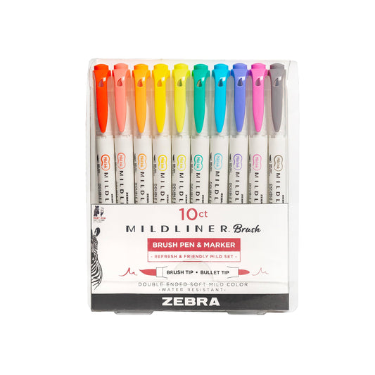 Zebra Pen Mildliner Brush Marker, Double Ended Brush and Fine Tip Pen, Assorted Soft Colors, 10 Pack