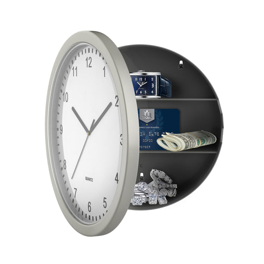 Clock Safe:10-Inch Battery-Operated Analog Clock with Hidden Wall Safe for Jewelry, Cash, Valuables, and More by Trademark Home (Silver)