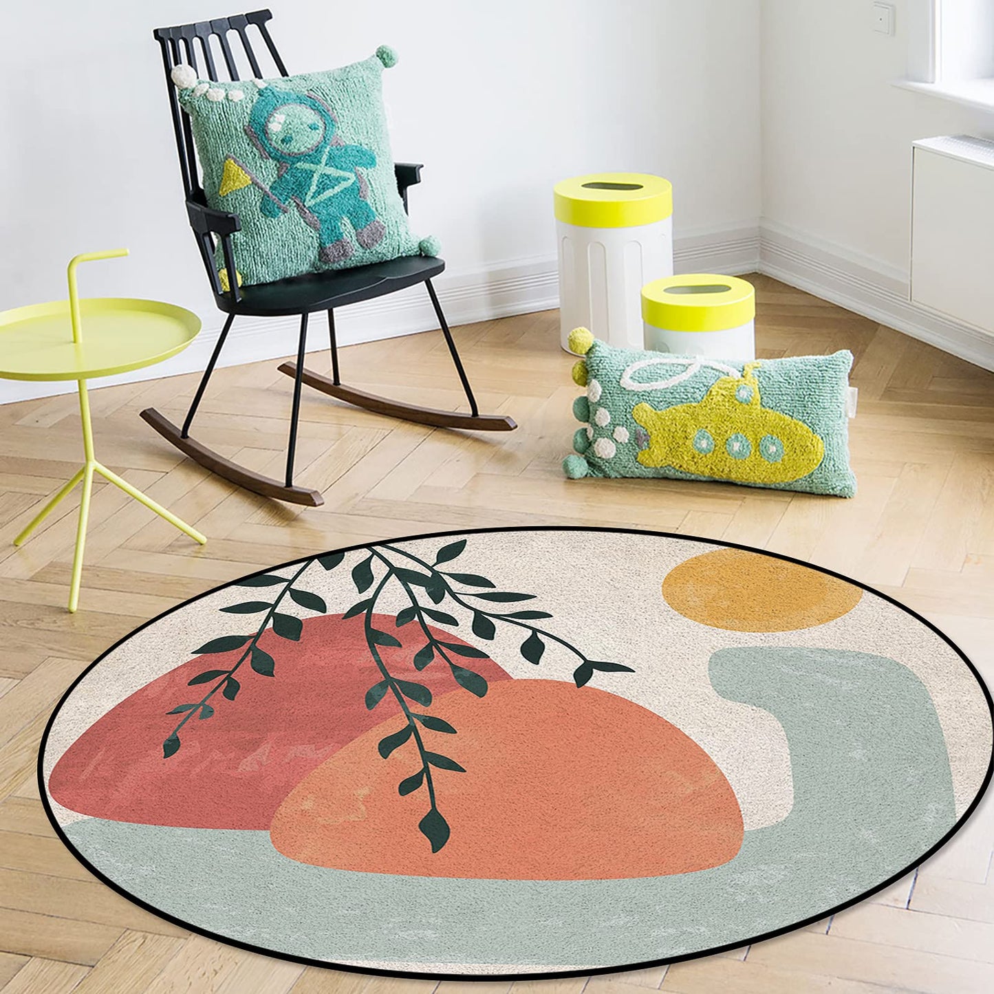 YOKOU Round Indoor Area Rugs, Modern Art Abstract Mountains and Sun Leaves Boho Art Mid-Century Anti-Skid Soft Cozy Accent Area Rug for Living Room Bedroom Nursery Porch Decor, 5 ft