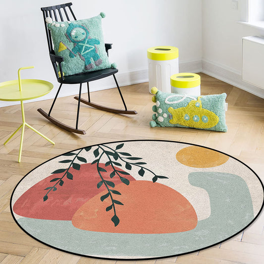 YOKOU Round Indoor Area Rugs, Modern Art Abstract Mountains and Sun Leaves Boho Art Mid-Century Anti-Skid Soft Cozy Accent Area Rug for Living Room Bedroom Nursery Porch Decor, 5 ft