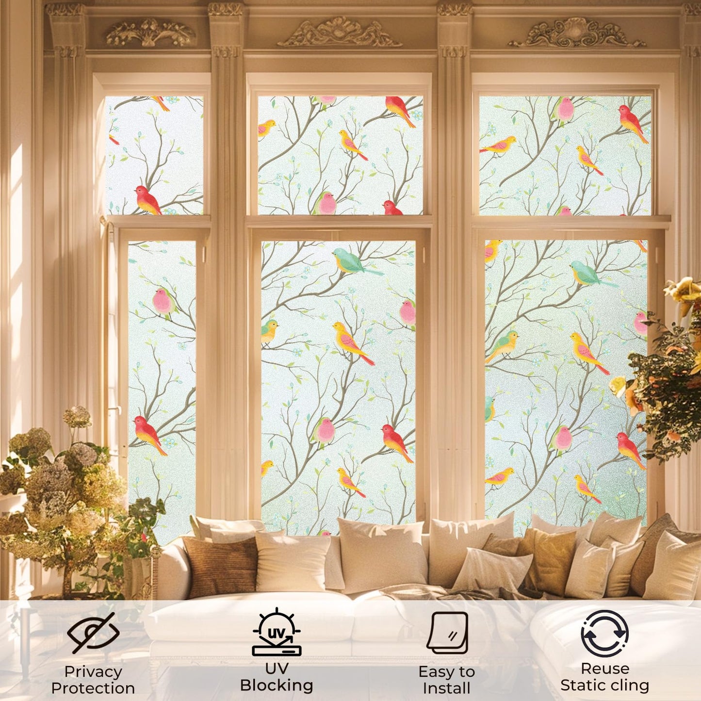 Coavas Window Privacy Film: Stained Glass Window Film Frosted Glass Window Film Bathroom Window Privacy Film Non-Adhesive Heat Control Window Film Decorative for Room, 17.7 x 78.7 Inches