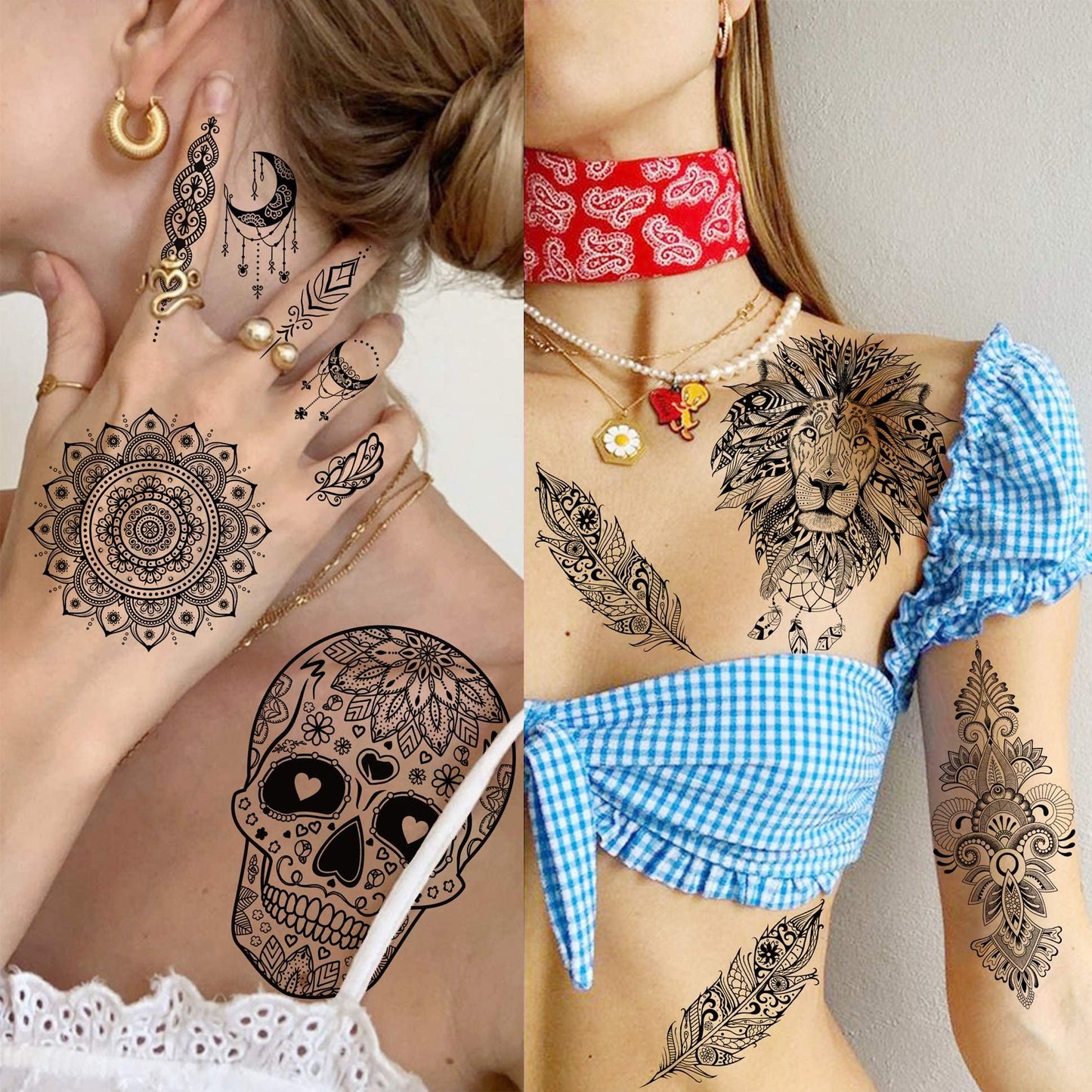30 Sheets Black Lotus Temporary Tattoos for Women Adults Girls Arm, Vintage Tribal Elephant Wolf Snake Turtle Fake Tattoo Sticker Mandala Flower