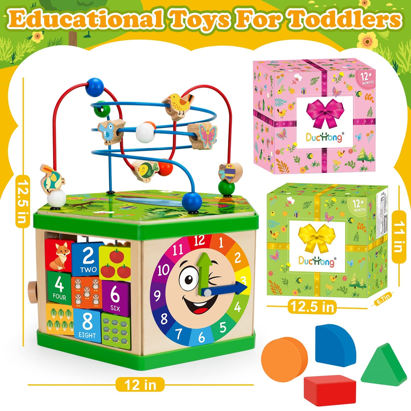 Wooden Activity Cube for 12-18 Month, 1 Year old Boys & Girls, 7-in-1 STEM Montessori Early Developmental Learning Toys for Kids Aged 1-2, Ideal 1st Birthday Gift Toys for Baby, Toddlers (Pink)