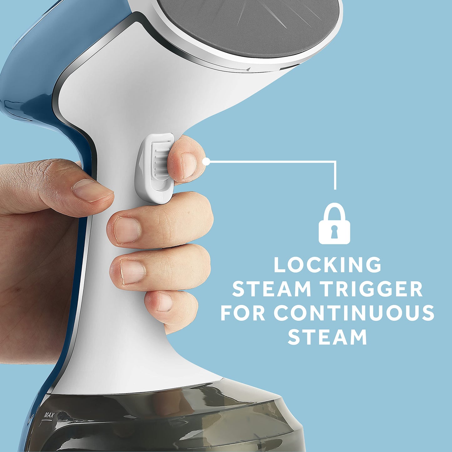Sunbeam 1200W Steam Burst Handheld Steamer for Clothes, Dual Steam Settings, 30-Second Fast Head-Up, Bristle Brush Attachment, White and Blue Finish