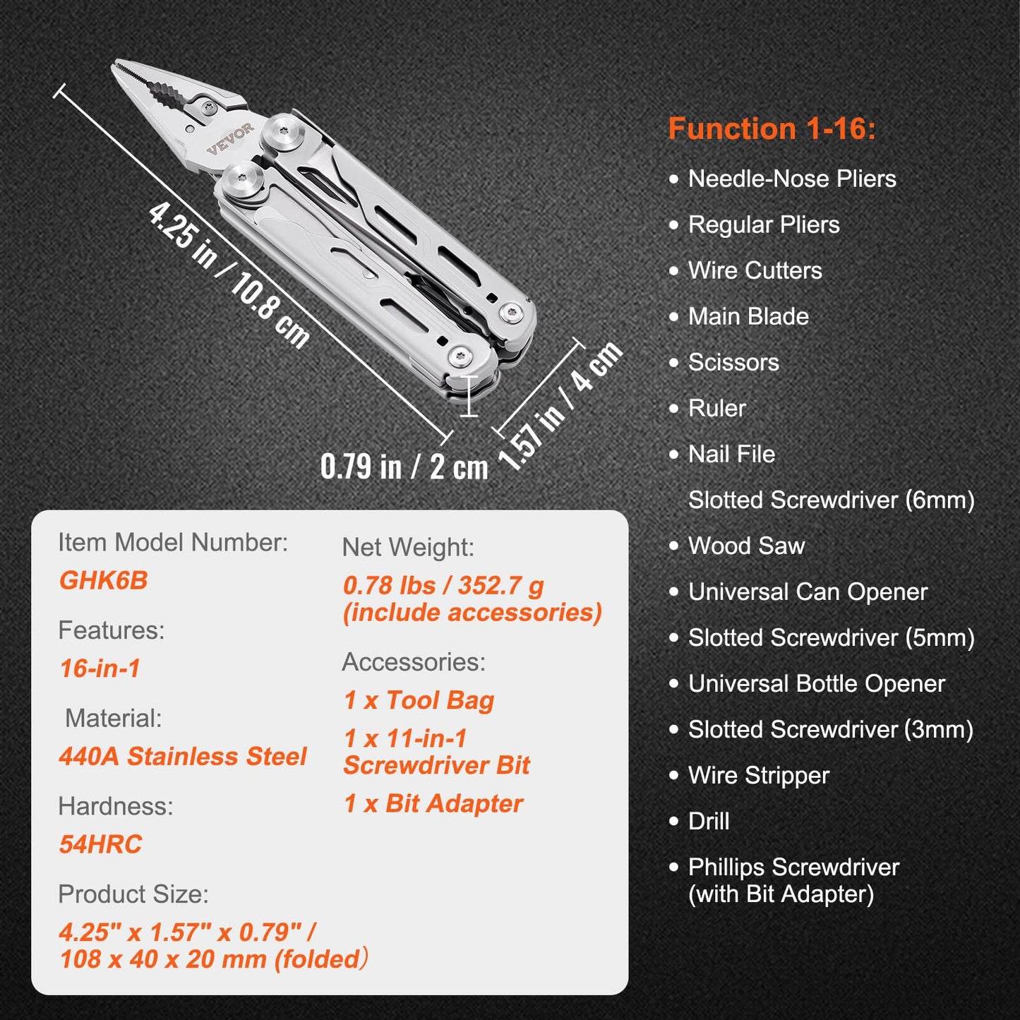 VEVOR 28-in-1 Multitool Pliers,Stainless Steel Multi Tool Pocket K-nife,Self-locking Multitool Pliers with Sheath & Replaceable Screwdrivers Bits Perfect for Outdoor Survival, Camping, Hiking
