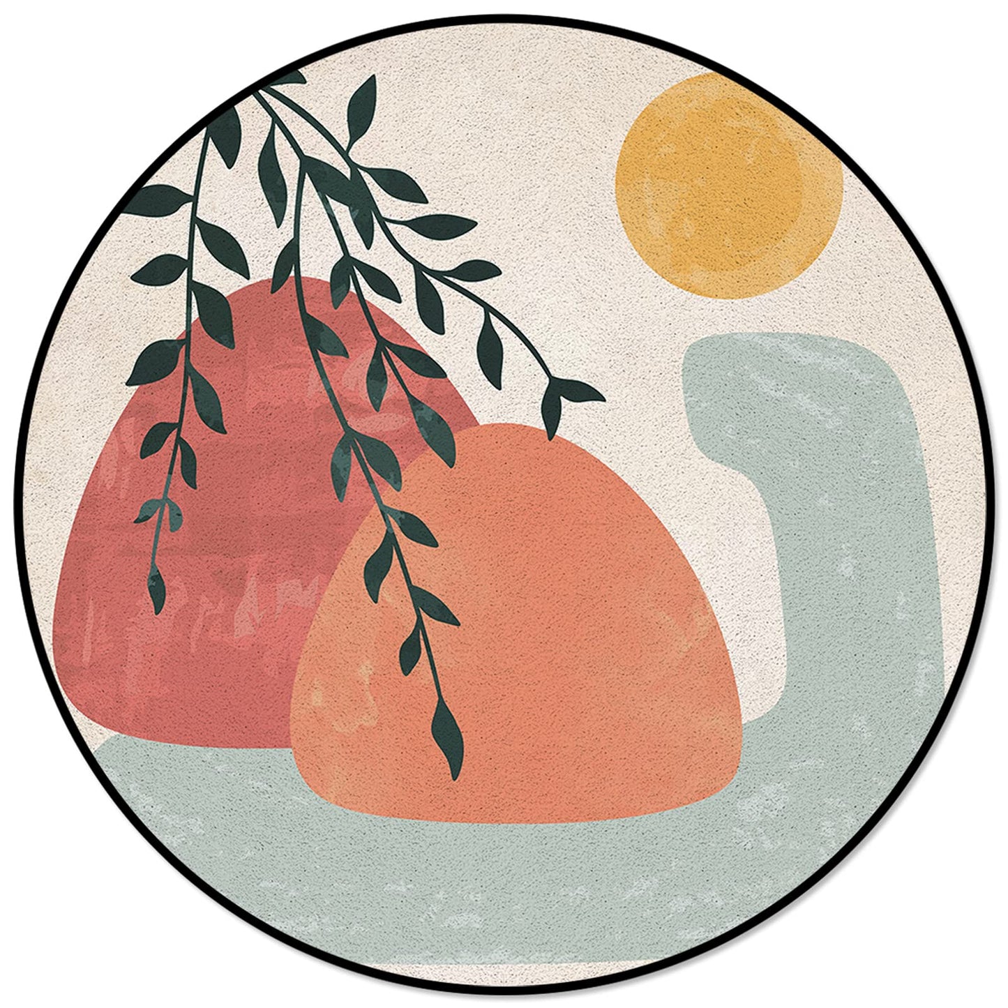 YOKOU Round Indoor Area Rugs, Modern Art Abstract Mountains and Sun Leaves Boho Art Mid-Century Anti-Skid Soft Cozy Accent Area Rug for Living Room Bedroom Nursery Porch Decor, 5 ft
