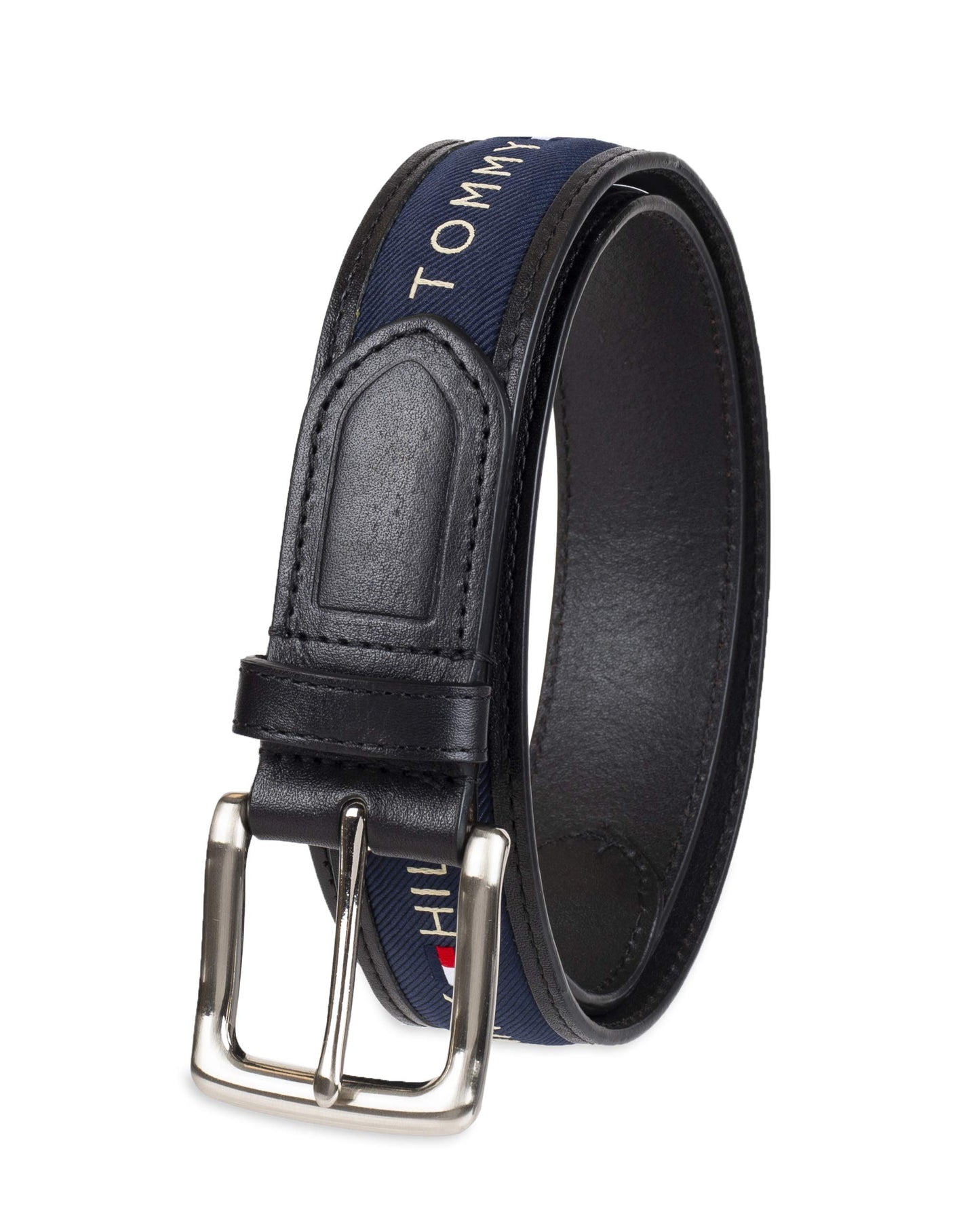 Tommy Hilfiger Men's Ribbon Inlay Belt - Ribbon Fabric Design with Single Prong Buckle, Black/Navy, 32