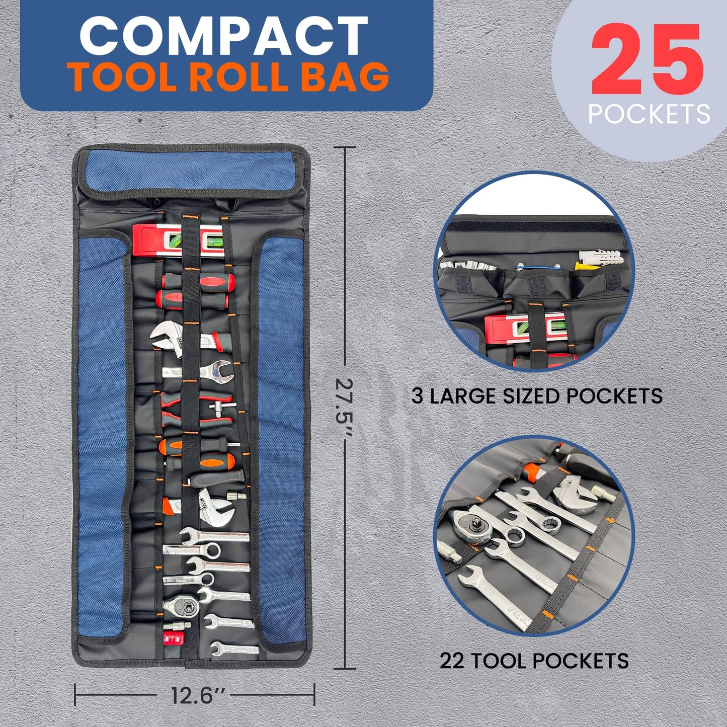reygeak 25 Pocket Tool Roll Organizers,1680D PVC Wrench Tool Roll up Bag,Heavy Duty Roll Up Tool Bag Organizer ELECTRICIAN