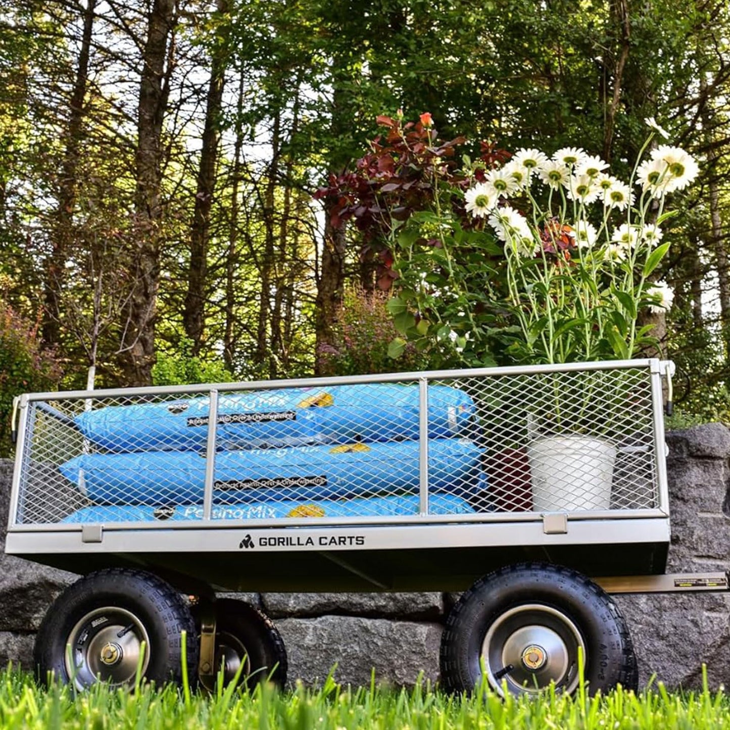 Gorilla Carts 1000 Pound Capacity Heavy Duty Steel Mesh Versatile Utility Wagon Cart with Easy Grip Handle for Outdoor Hauling and Gardening, Gray