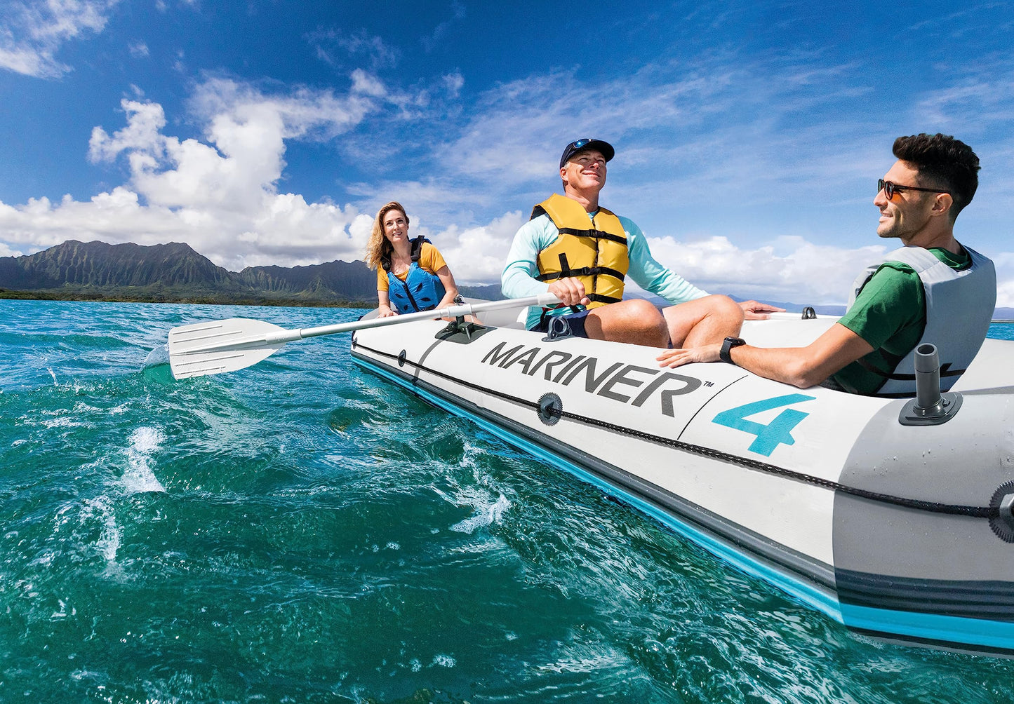 INTEX 68376EP Mariner 4 Inflatable Boat Set: Includes Deluxe 54in Boat Oars and High-Output Pump – Wear-Resistant Keel – Removable Fishing Rod Holders – 4-Person – 1100lb Weight Capacity