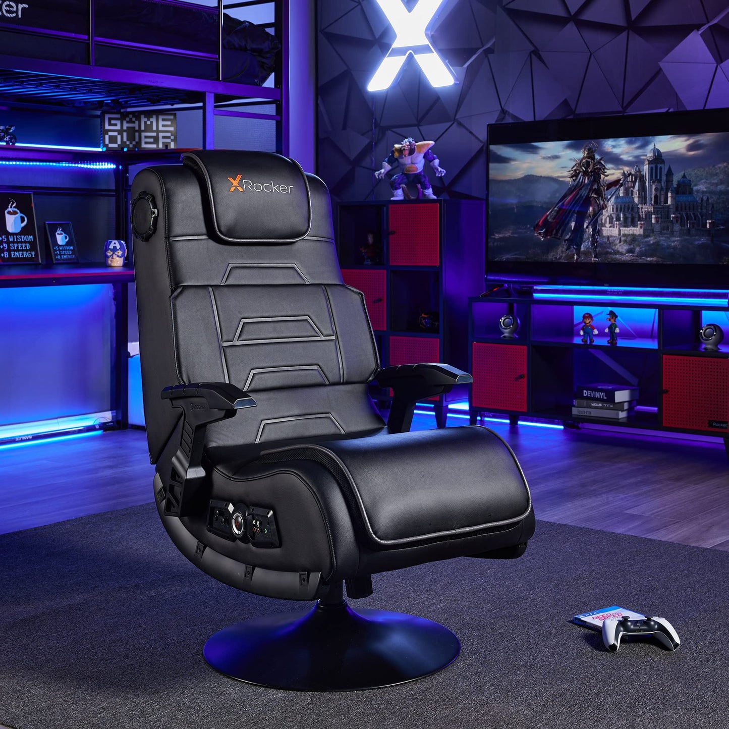 X Rocker Pro Lounging Video Gaming Pedestal Chair with Armrests, Built-In Audio & Vibration via Wireless Bluetooth, Foldable, Vegan Leather, 275 lbs Max, Black