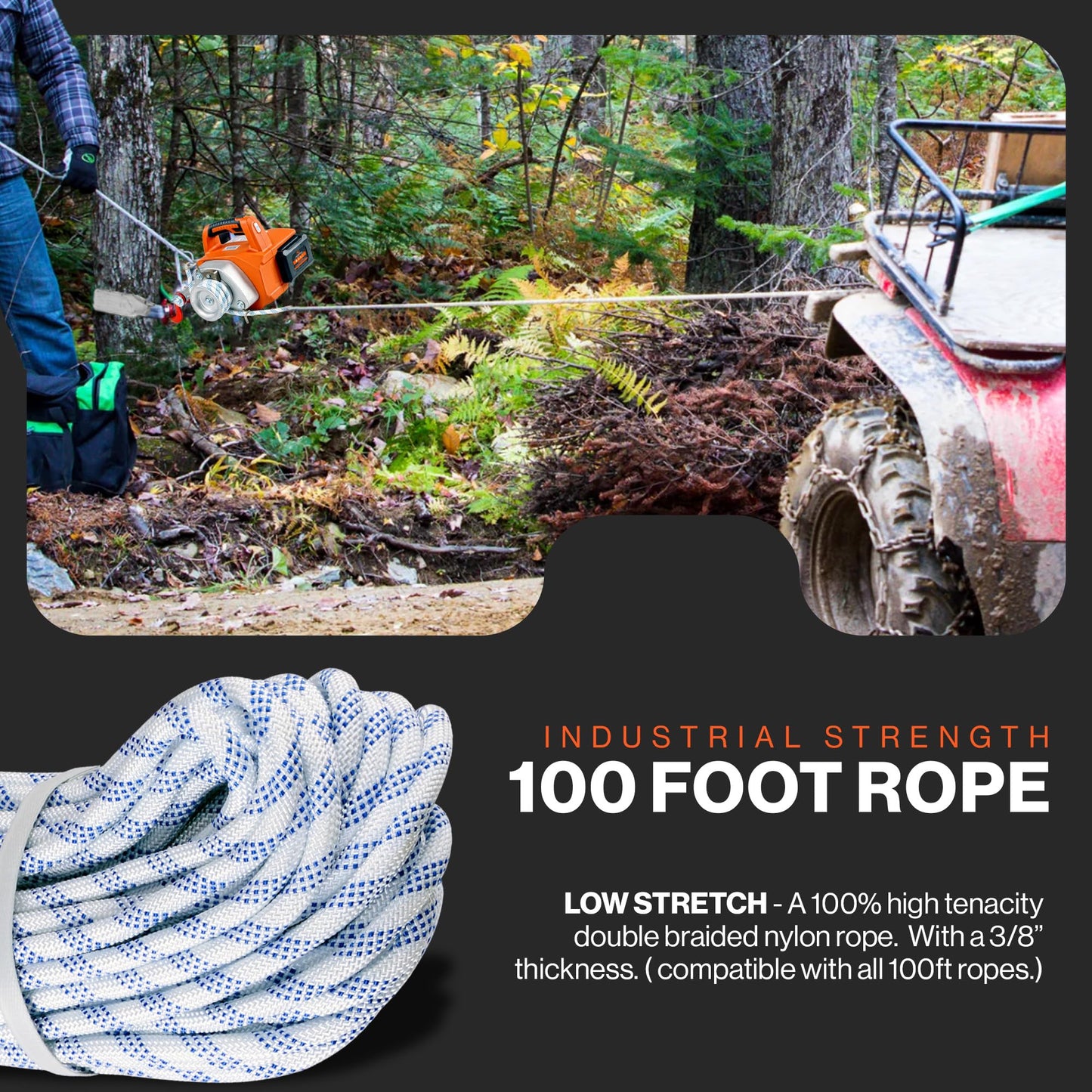 SuperHandy Electric Towing Capstan Winch Hoist Portable Cordless Brushless Motor Li-Ion Battery Powered 1000-2000 1/2-1 Ton Max Pulling Force for Forestry Hunting Off Road (100 Ft Rope Included)