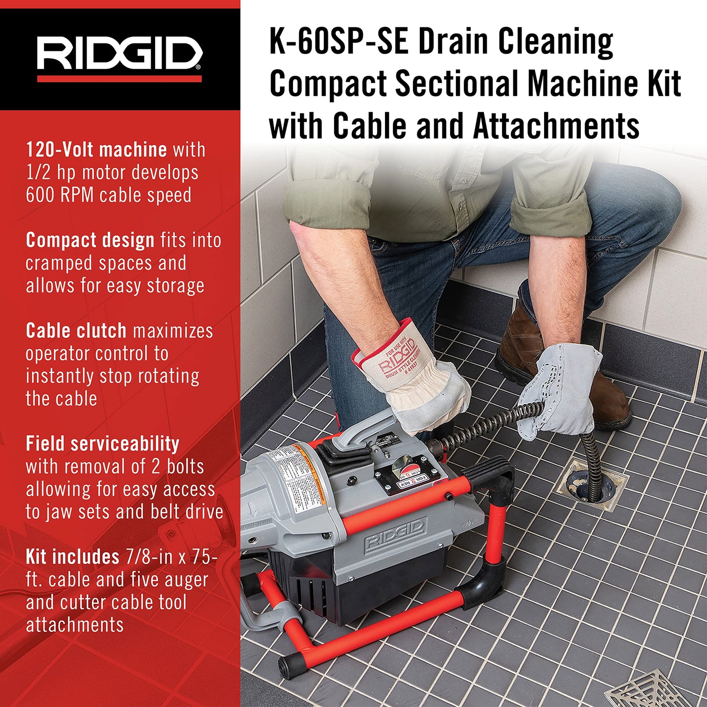 RIDGID 66497 K-60SP-SE Sectional Machine, Sectional Sewer Machine with A-61 Auger Tool Kit and A-62 Drain Cable Kit, Drain Cleaner Machine