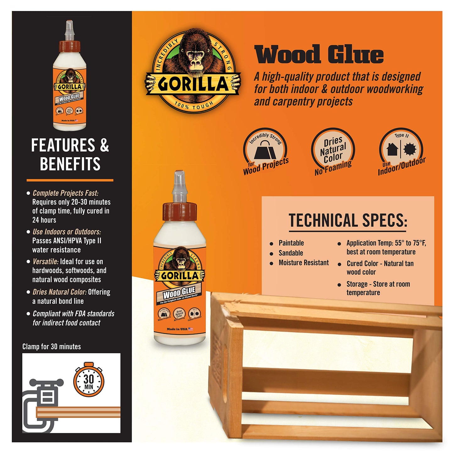 Gorilla Wood Glue, 8 Ounce Bottle, Natural Wood Color, (Pack of 2)