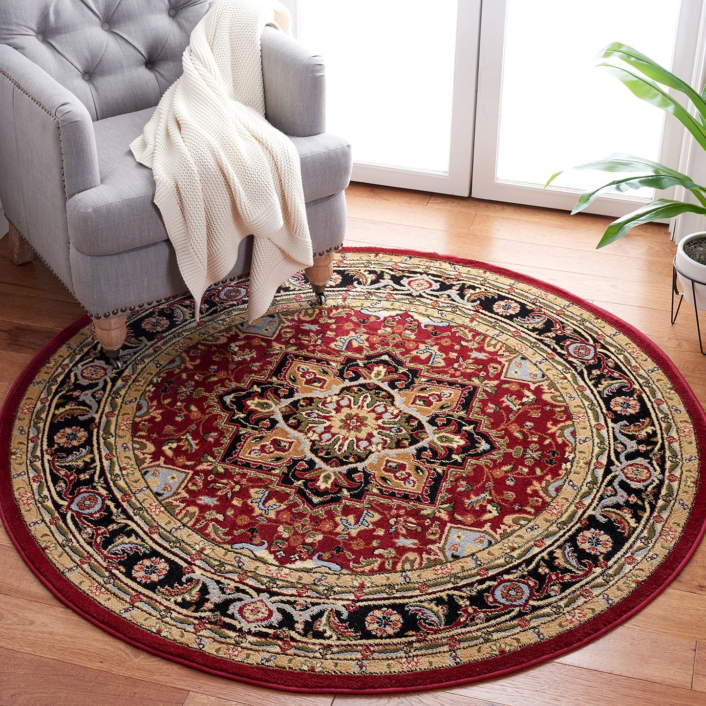 SAFAVIEH Lyndhurst Collection 3'3" Round Red / Black LNH330B Traditional Oriental Non-Shedding Dining Room Entryway Foyer Living Room Bedroom Area Rug