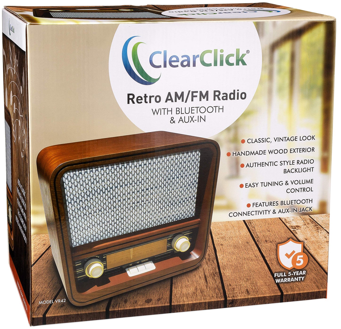 ClearClick Classic Vintage Retro Style AM/FM Radio with Bluetooth & Aux-in - Handmade Wooden Exterior