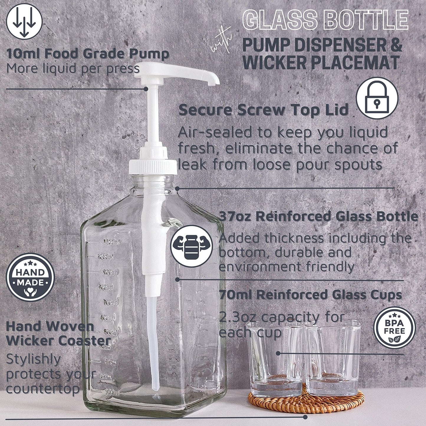 eBun 37oz Glass Mouthwash Pump Dispenser for Kids - Dish Soap Dispenser for Kitchen, Bathroom Hand Soap Dispenser Set, Guest Bathroom Essentials, Mouthwash Decorative Bottle with Cup Holder, White